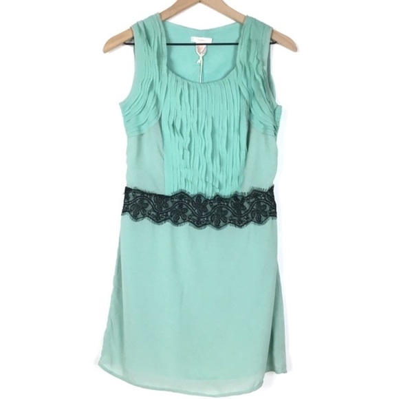 ESLEY Dress Mini Ruffle Flutter Lace Pleated Mint Aqua Black Boho Size Small NWT - Picture 1 of 8